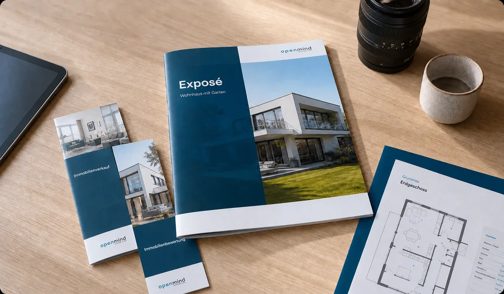 Hochwertige Immobilienunterlagen im Farbdesign von Open Mind Immobilien